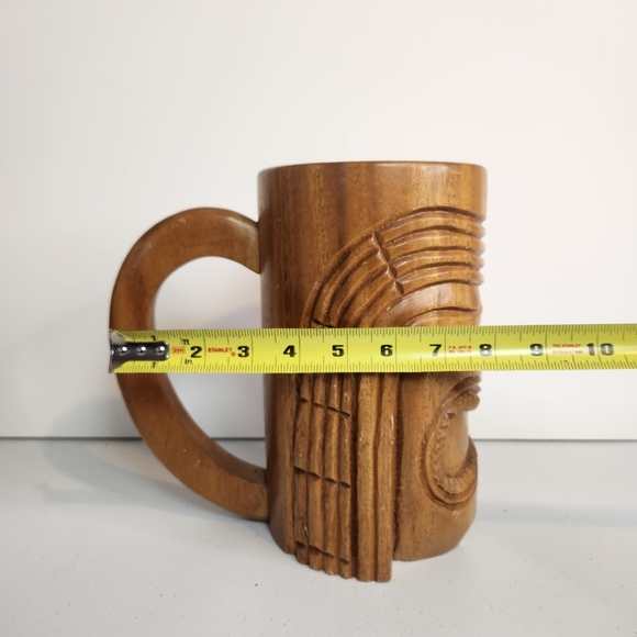 Vintage Huge Carved Wooden Tiki Mug Large Handle Monkey Pod Wood Barware Stein - Picture 10 of 11